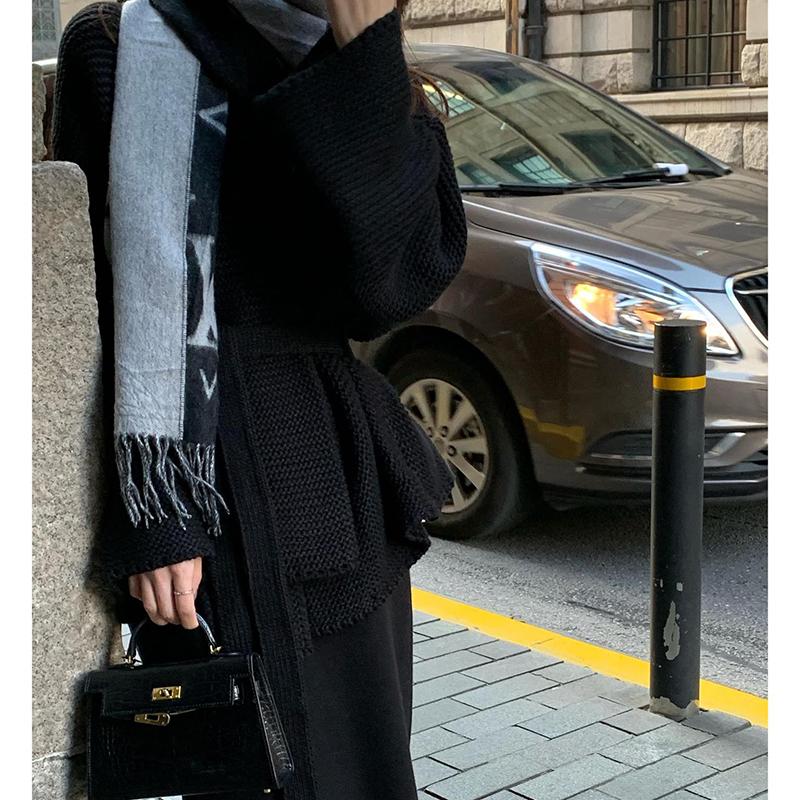 Damski sweter jesienno-zimowy, luźny, modny, dojazdy do pracy, długi, dzianinowy kardigan z dekoltem w serek, gruby, długi płaszcz z rękawami