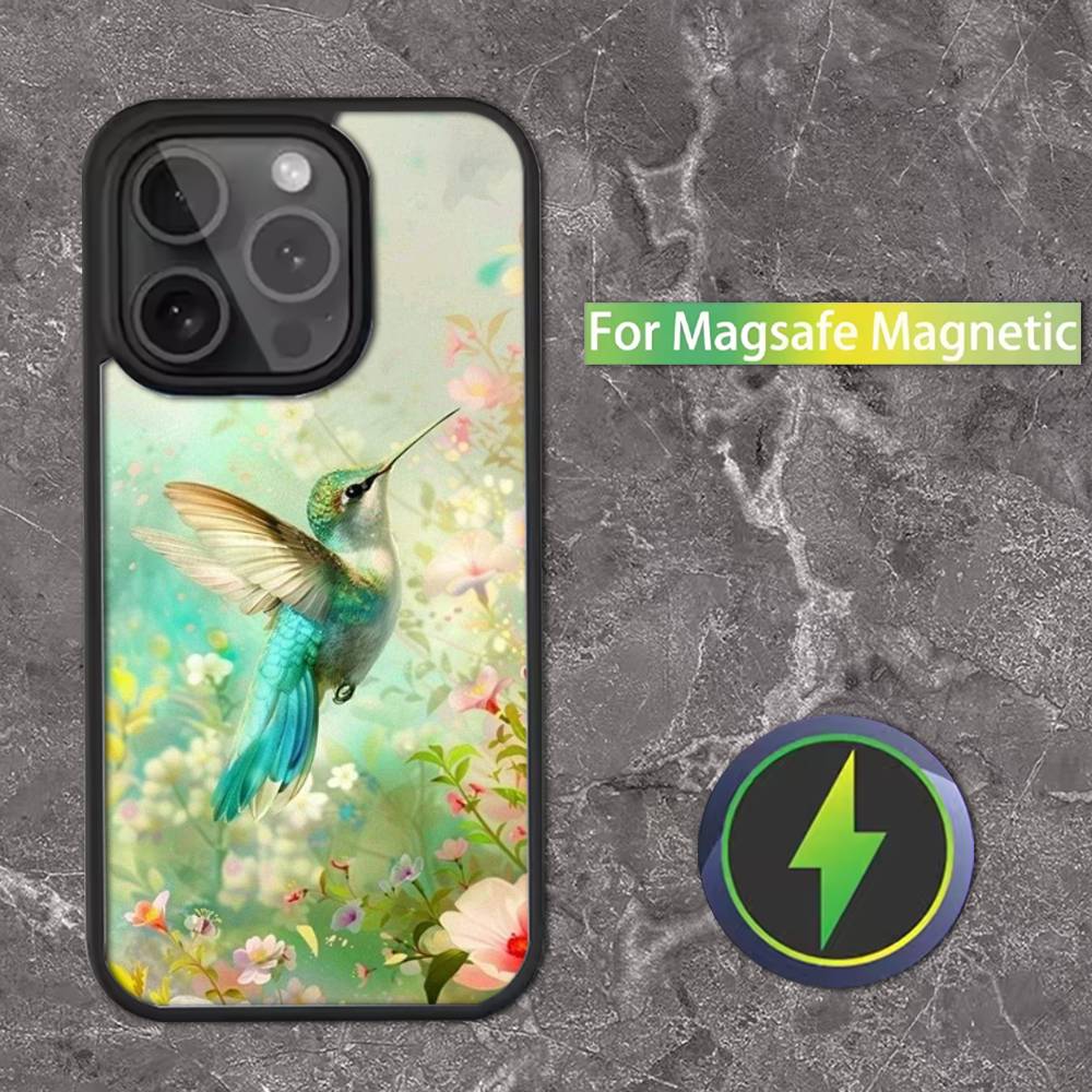 Hummingbird and Flowers Phone Case For iPhone 17,16,15,14,13,12,11,Pro,Max,Plus,Mini,SE Magsafe Magnetic Wireless Charging