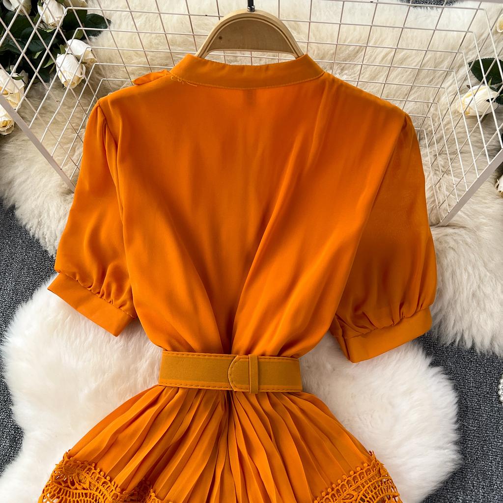 Women's Waisted Bubble Sleeve Lace Patchwork Long Dresses