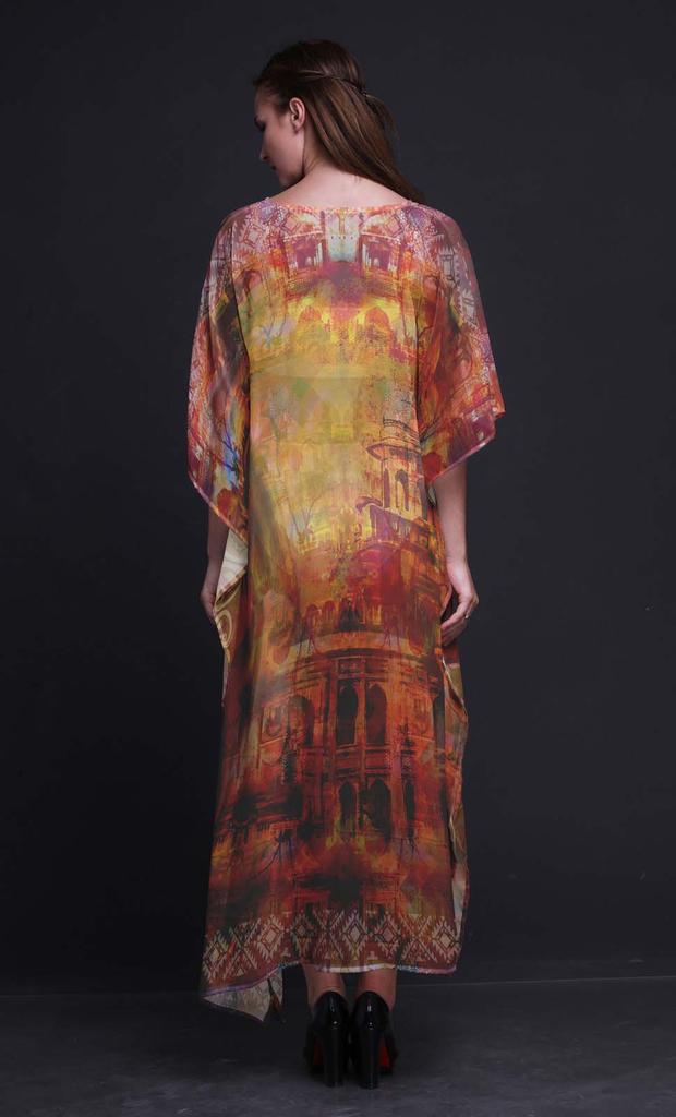 Phagun Mughal Monuments Long Caftan Maxi Dress Beach Swimwear Cover up Womens