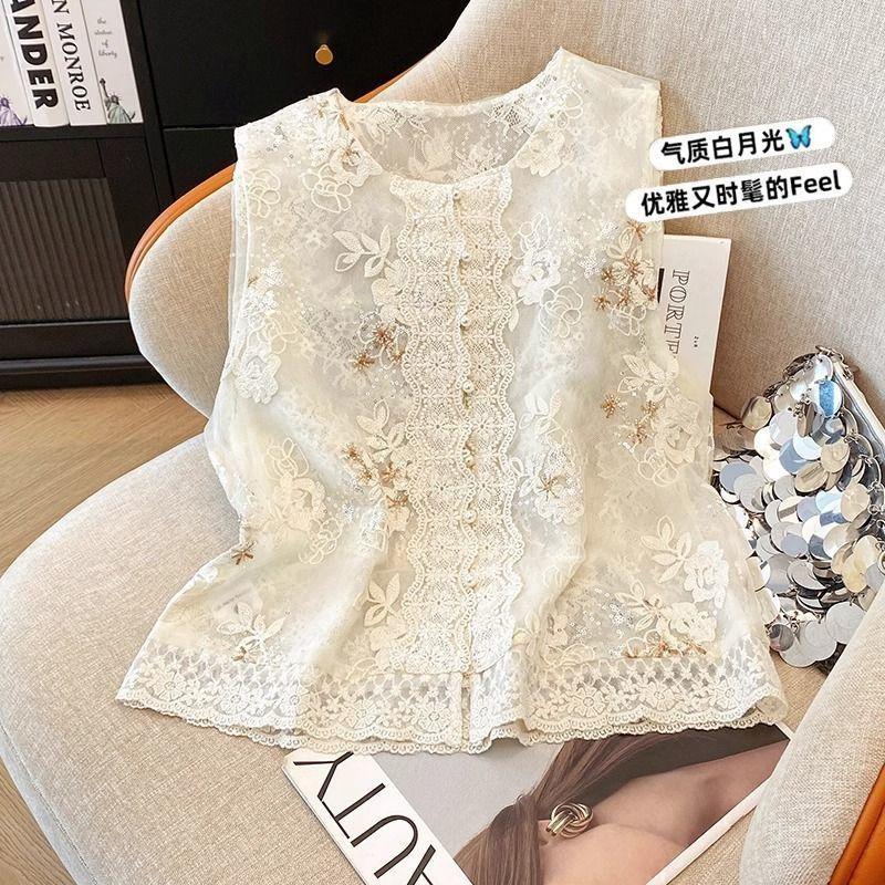New Temperament Vest 2025 Versatile Embroidered Sequined Lace Summer Vest Thin