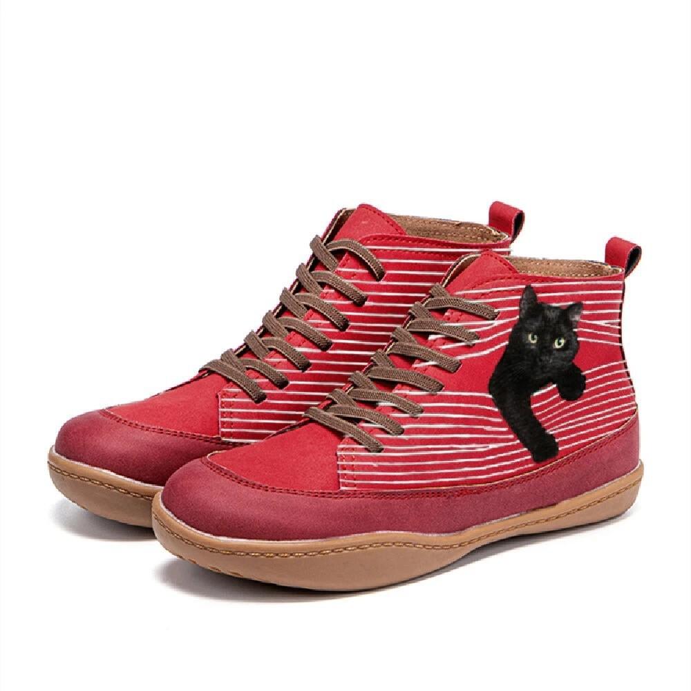 Cartoon Cat Solid Color Large Size High-top Single Shoes Autumn New Lace-up Short Boots Women