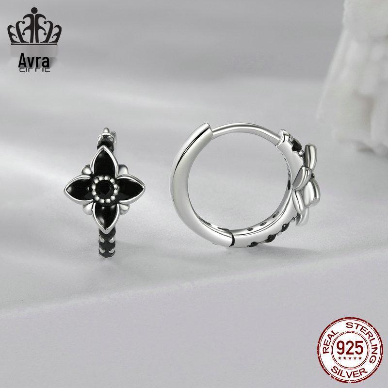 Elegant Black & White Retro Floral Earrings, S925 Sterling Silver Oxidized, Versatile Jewelry for Women