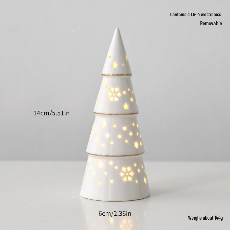 Ceramic Christmas Tree Night Light with Gold-Edged Hollow Stars & Snowflakes - Home Festival Decoration