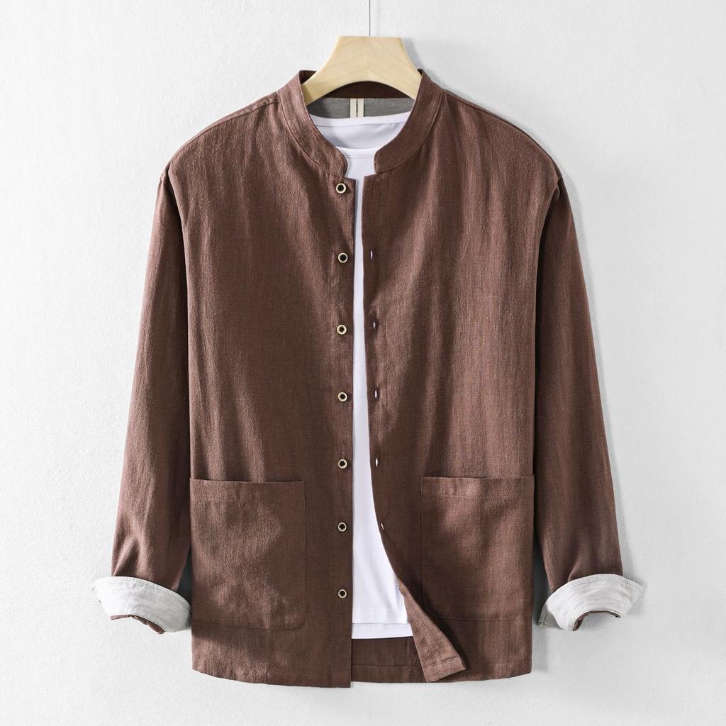 Camicia da uomo in lino e cotone con protezione solare, a maniche lunghe, tinta unita, stile casual cinese, con colletto alto