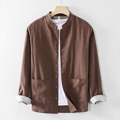 Čínska ležérna ľanová košeľa so stojačikom, pánska s dlhým rukávom, jednofarebná, s ochranou proti slnku, bavlnená a ľanová košeľa