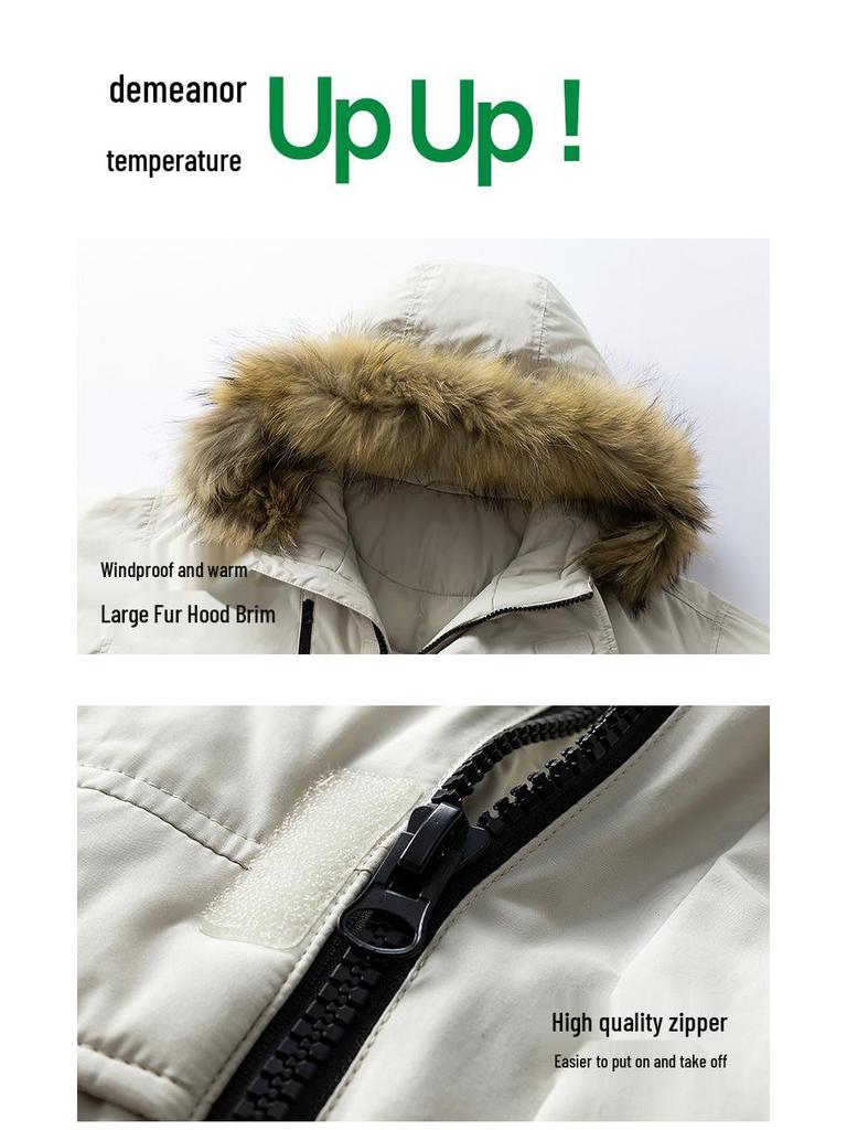 Men's and Women's Thickened Winter Down Jacket with Fur Collar, 90% White Duck Down Hooded Parka.