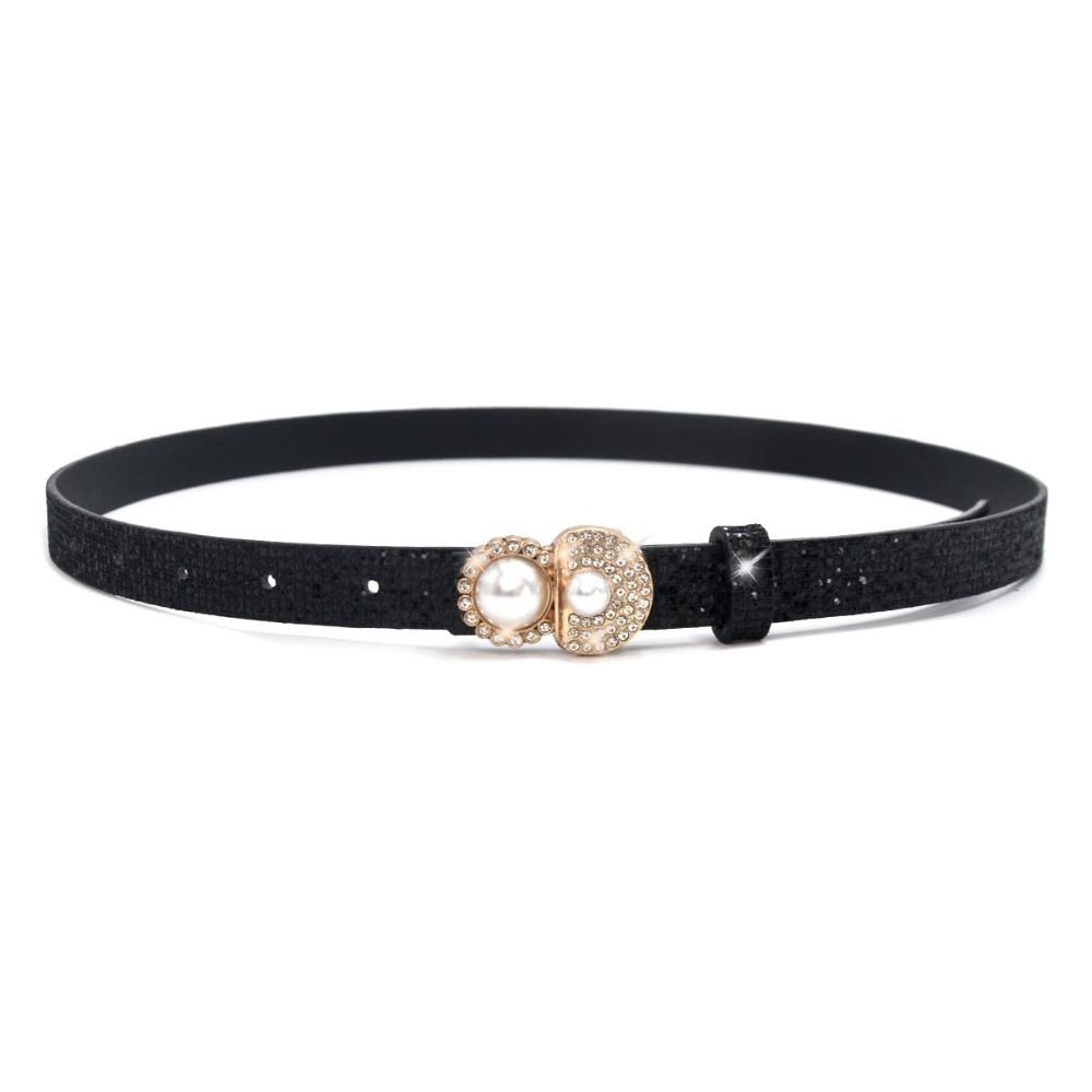 

Bling Bling Sparkling Rhinestone Belt Versatile Glitter PU Leather Belt Vintage Luxury Brand Design Pearl Buckle Belt чорний