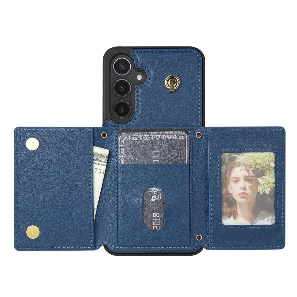 For Samsung Galaxy S25 Case Tri-Fold Card Holder Kickstand TPU + Leather Back Cover with Shoulder Strap