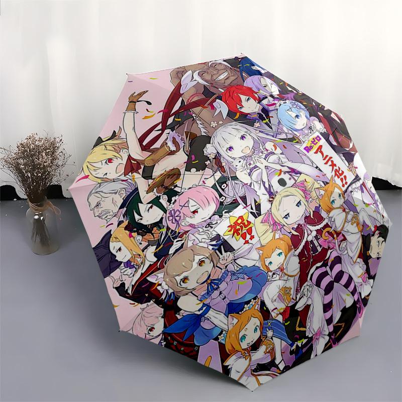 1pc Re:Zero Anime Characters Outdoor Umbrella - Automatic Opening/Closing, Portable 3-Fold Design, 8-Bone Iron Frame, Perfect Gift for Fans, Trav