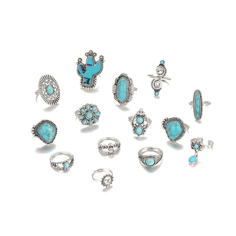 14 Pcs/set Ethnic Style Turquoise Rings Cactus Open Ring Creative Bohemia Style Ring  Jewelry