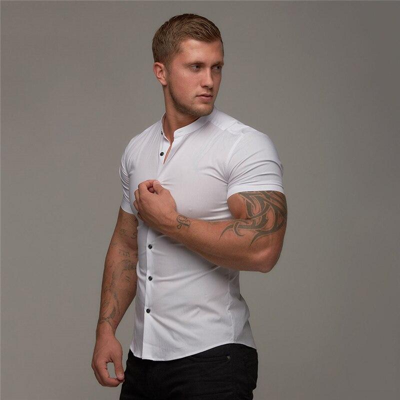 Muscleguys Modisches Kurzarmhemd für Herren, lässiger Stehkragen, schlichtes Design und Retro-Stil