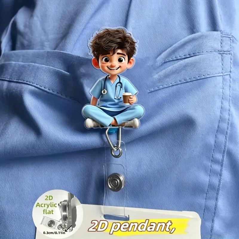 1Pcs 2D Flat Acrylic Badge Holder Retractable Id Badge Holder Scratch-Resistant Cartoon Nurse Badge Reel