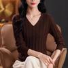V-neck Sweater Women's Top Solid-color Knitted Sweater Loose and Casual Pullover Long-sleeved Warm Sweater