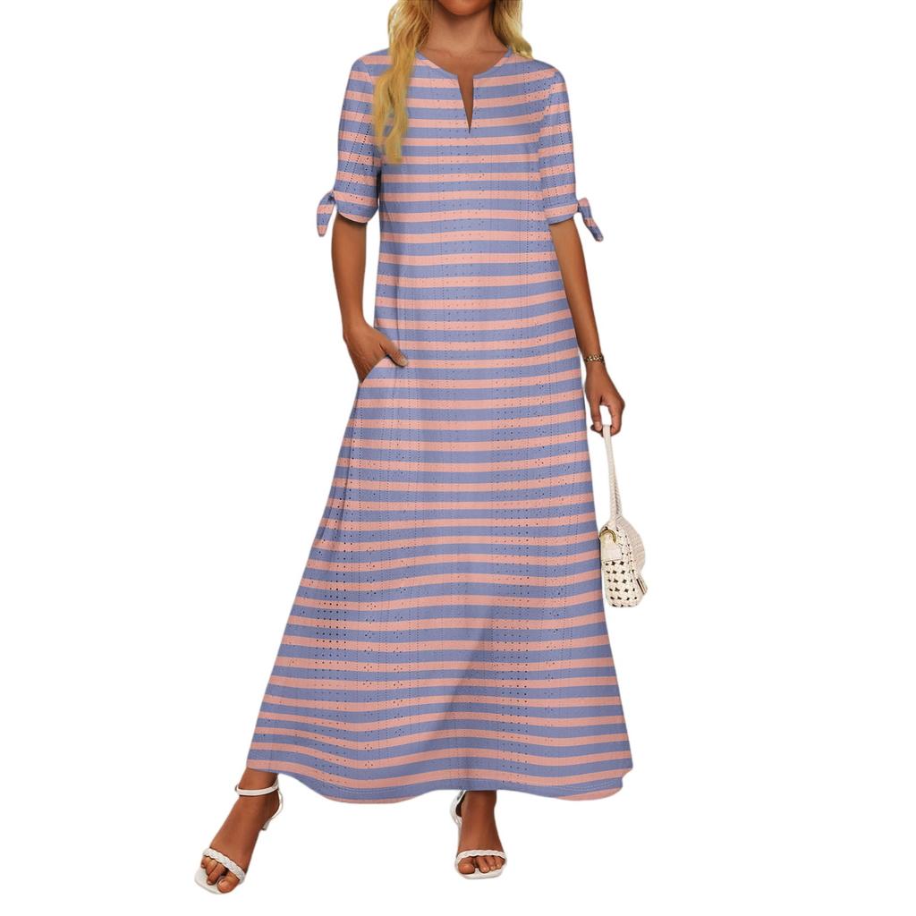 Ladies Casual Fashion Temperament Elegant Waist Striped Long Dress