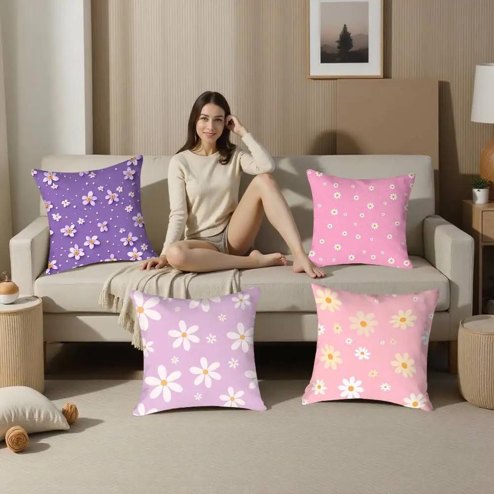 Romantic Daisy Print Spring Pillow Case Plush Fabric Soft Double Sided Print Home Sofa High Quality Cushion Cover Throw