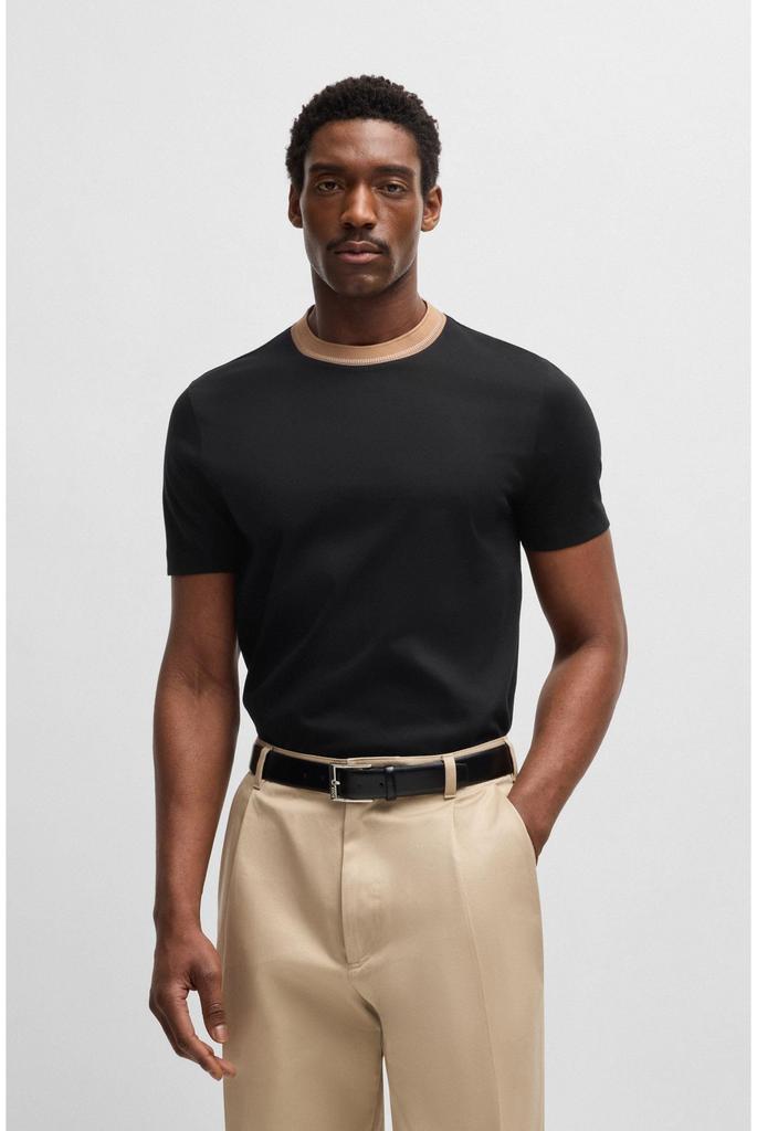 BOSS Medium Mercerized Cotton Slim Fit with Striped Black Men's T-Shirt Neck,