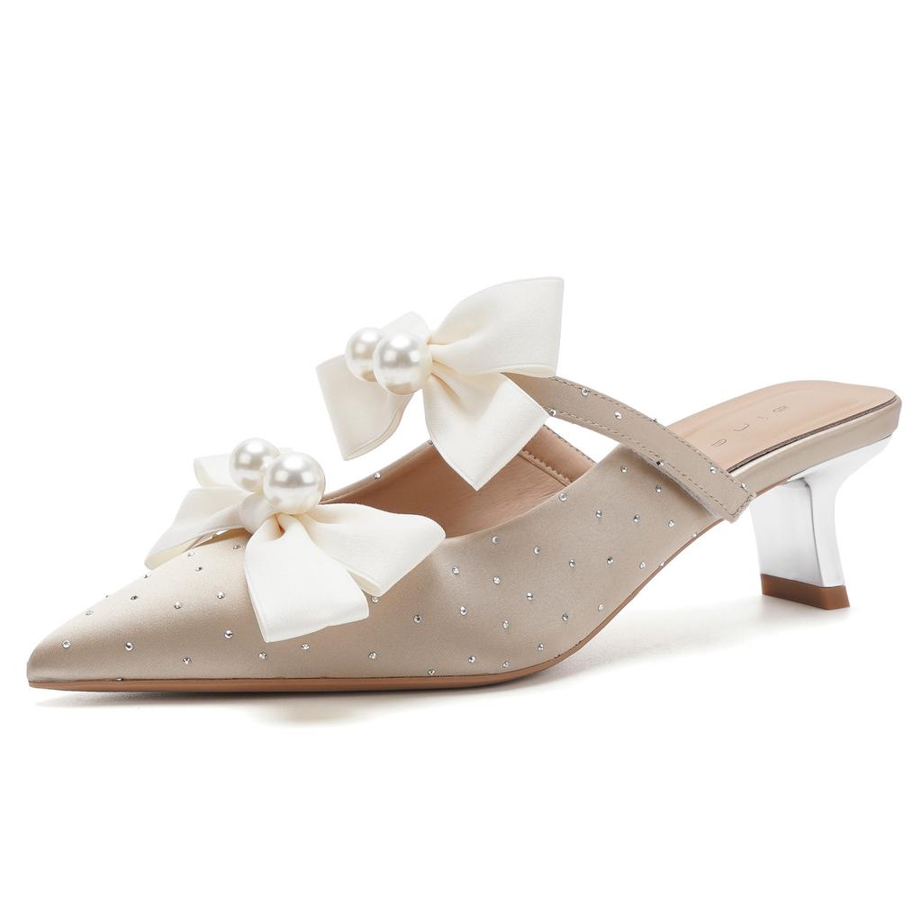 59012 high heels women's thick heel 2025 new pointed rear empty cool slippers temperament pearl bow single shoes