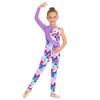 Girls Shiny Rhinestone Printed Gymnastics Jumpsuit Asymmetrical Full Length Bodysuit
