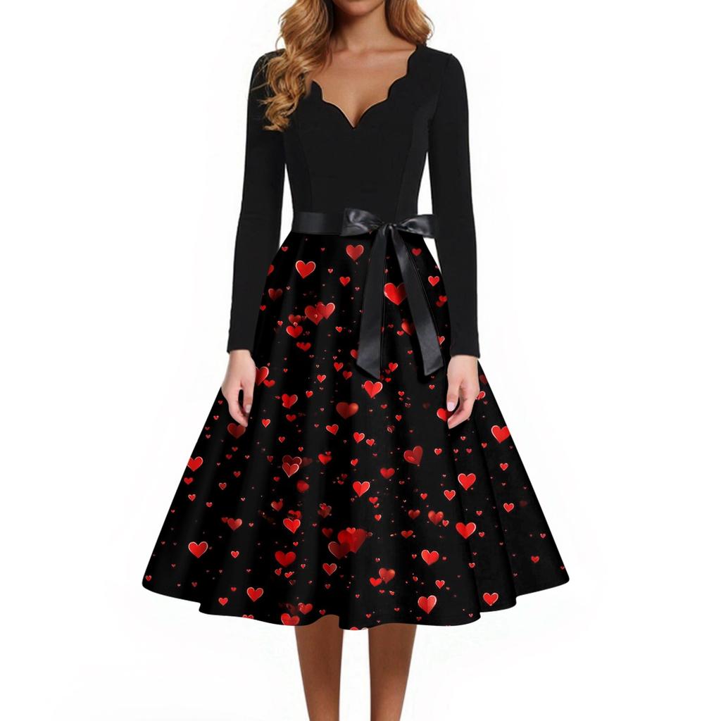 Print Flare Dress For Women Long Sleeve Dress Hollow Party Casual Dresses