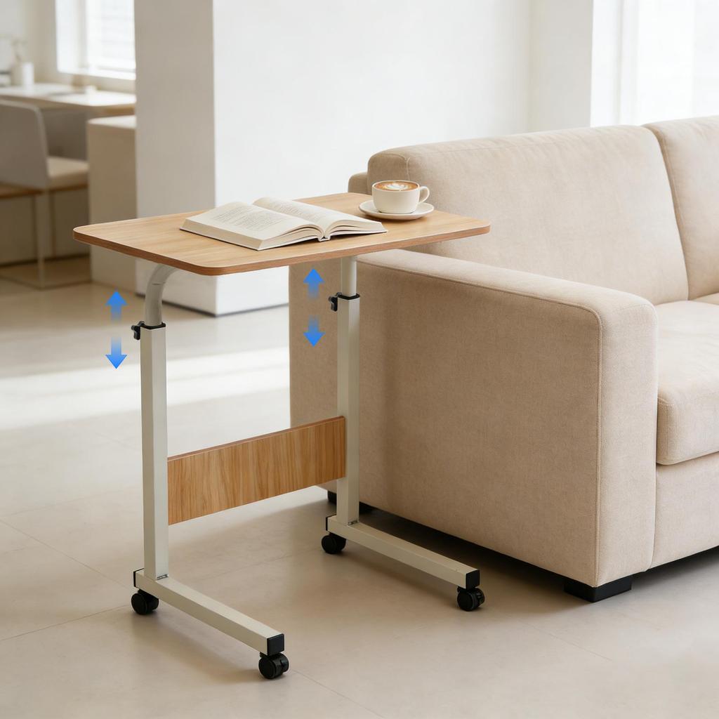 Height-Adjustable Mobile Laptop Desk – Rolling Computer Table with Lockable Wheels – White & Wood – 40 x 40 x 70-90 cm