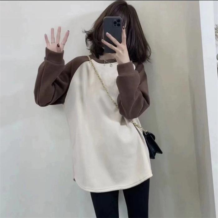 

Women s Retro Color Block Long Sleeve Thickened Top with Hip-Covering Design and Plus Size Options Small