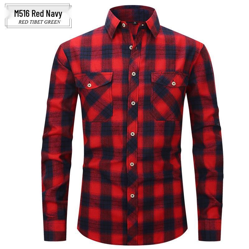 Lente Zomer Slim Fit Geborsteld Ruit High-End Lange Mouw Dubbele Zak Heren Flanellen Overhemd