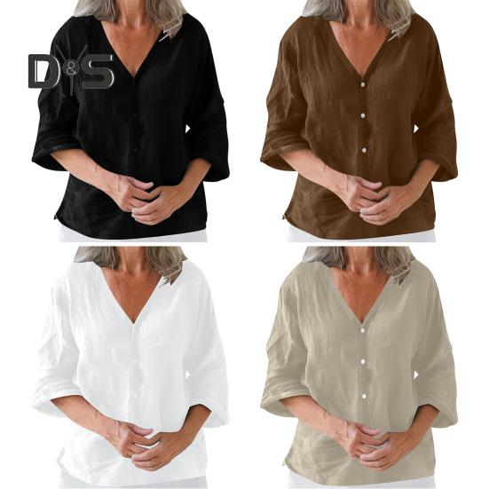 Dámská košile volného střihu s výstřihem do V a 3/4 rukávy, letní top se zapínáním na knoflíky, jednobarevné ležérní tričko pro každodenní nošení