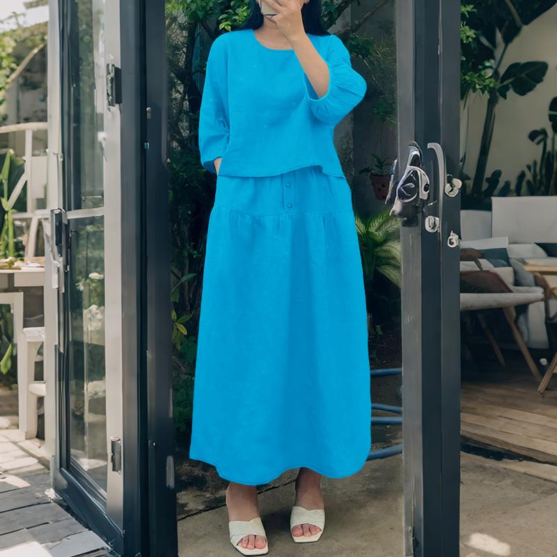 

ZANZEA Женская блузка с полурукавом и длинные юбки Летние костюмы-двойки 2XL синий