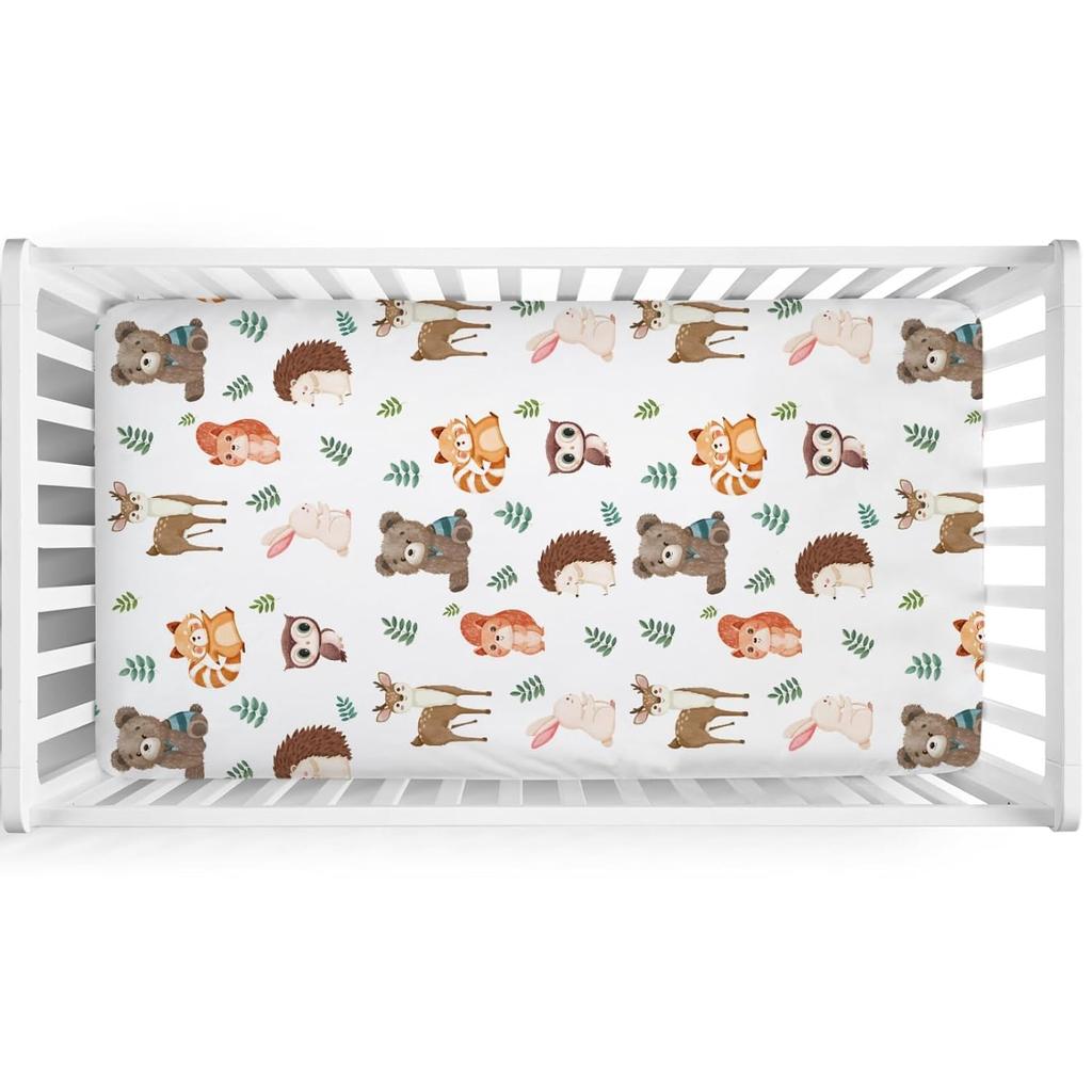 Cute Woodland Animals Leaves Baby Crib Sheet 52''x28'' Bear Raccoon Squirrel Deer Rabbit Hedgehog Owl Fitted Crib Cover for Boy Girl Nursery Crib