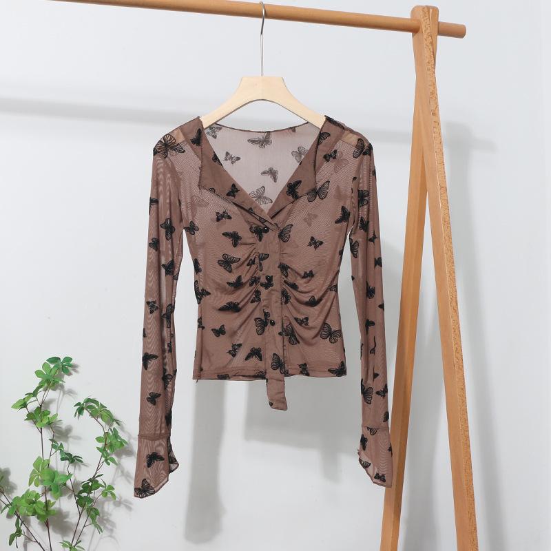 

V-Neck Flocking Bow Mesh Long Sleeve Pullover T-Shirt 8900 One Size