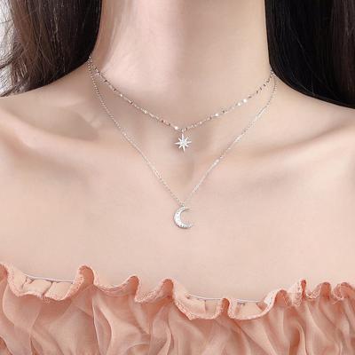 New 925 Sterling Silver Double Layer Star Moon Necklace Women Clavicle Chain Fine Jewelry Party Wedding Accessories