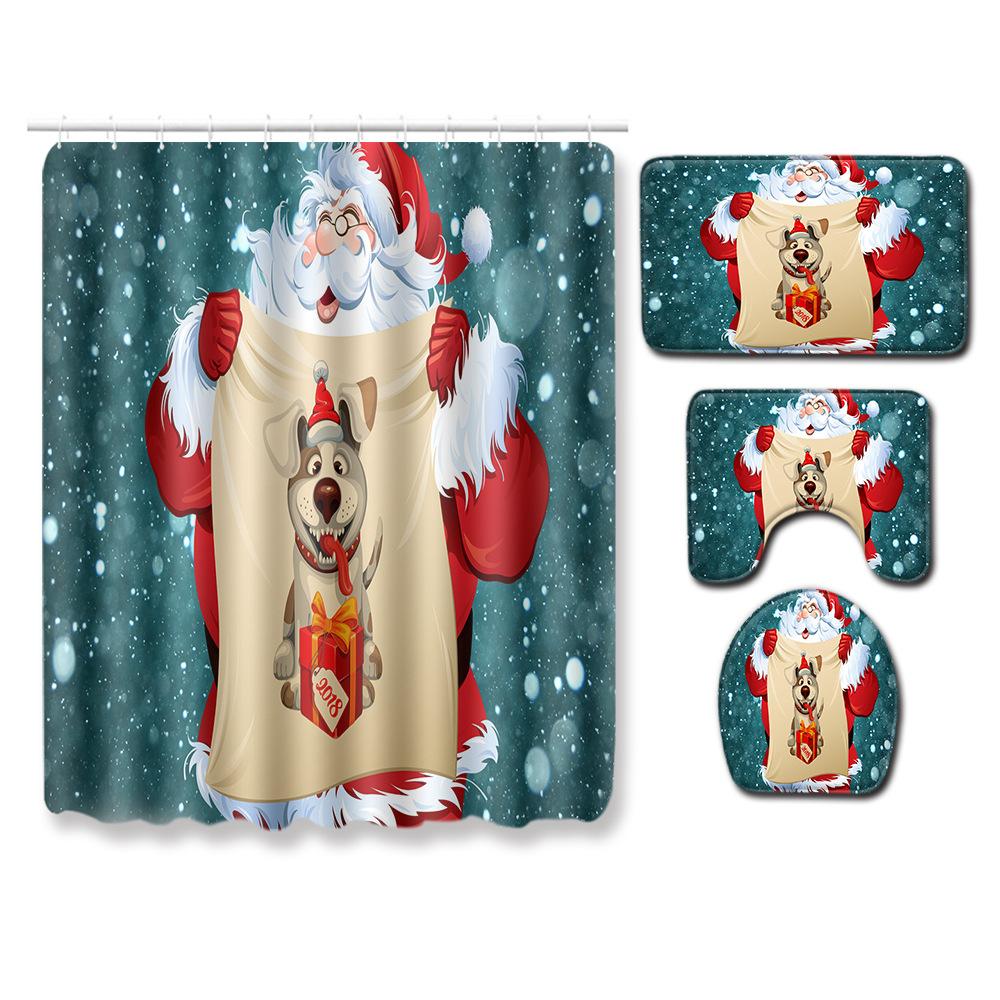 Christmas Shower Curtain Floor Mat Combination Four-Piece Set Bathroom Toilet Carpet Shower Room Mat Foot Mat