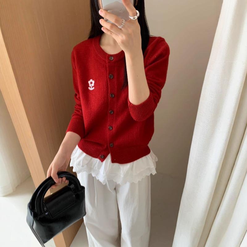 Einfacher und vielseitiger Rundhals einreihiger Strickcardigan Damen Herbst Freizeit locker weicher wachsiger Pullover Jacke Oberteil