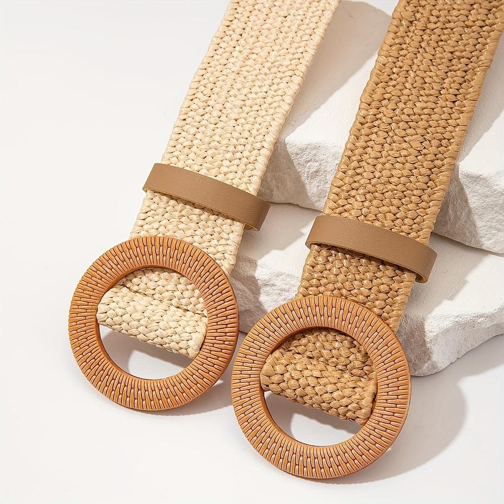 2pcs Boho Brown Straw Belts Classic Round Buckle Wide Belts Elegant Summer Beach Waistbands For Women Daily Use