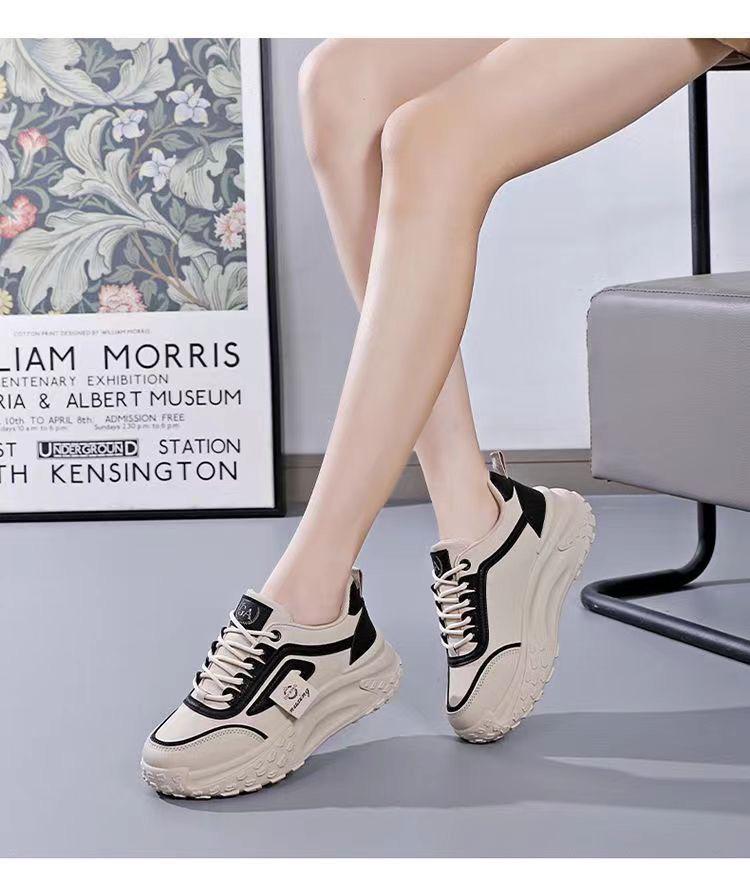 Жіночі кросівки в корейському стилі на осінь 2023: Шкіра, Товста підошва, Збільшення зросту, Повсякденні кросівки для бігу