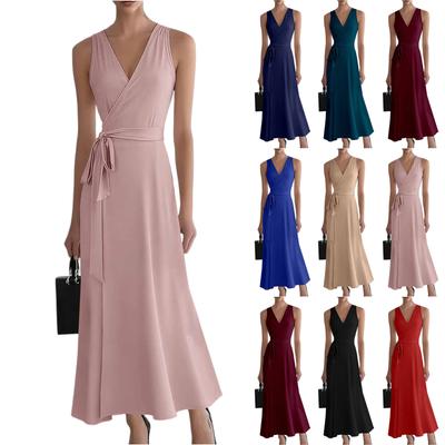 Women's Fashionable Color V-neck Lace Sleeveless Long Casual Dress