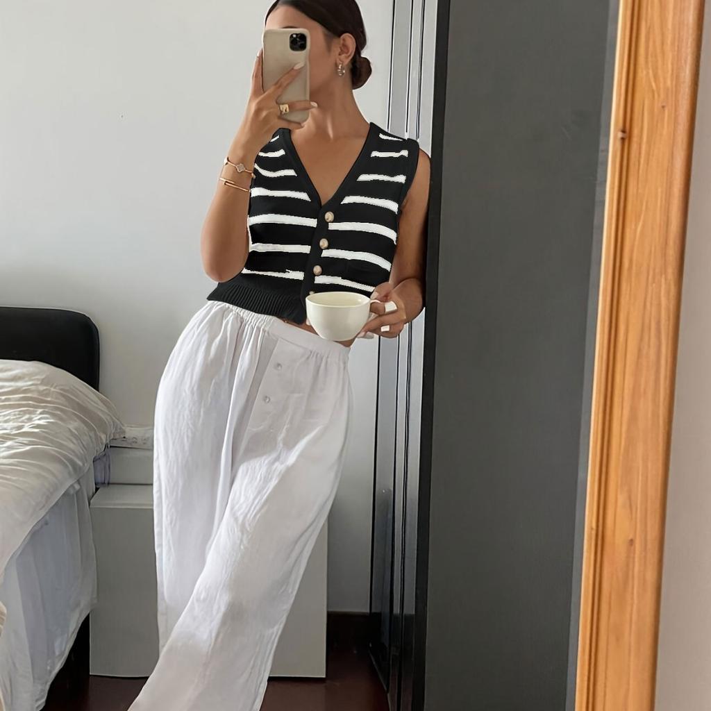 European and American Foreign Trade New Short Sweater Top Spring and Summer Knitted Striped Vest Cardigan Women's Clothing
