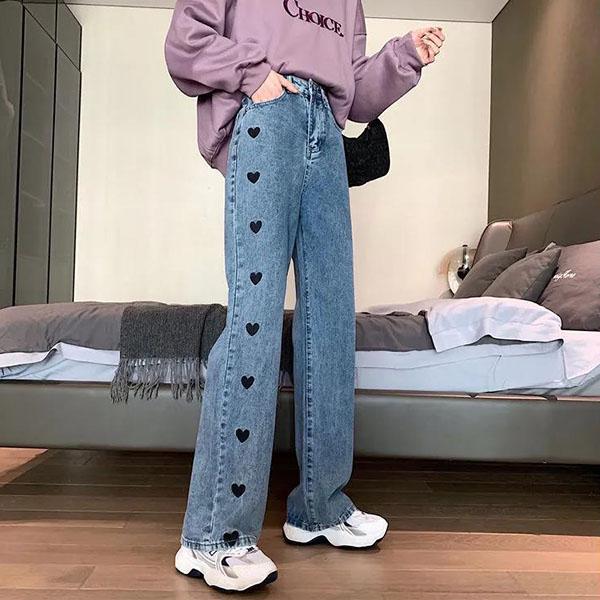 Women's Large Size Printed Long Jeans Female Casual Wide Leg High Waist Pants Loose Versatile Street Style Straight Pants