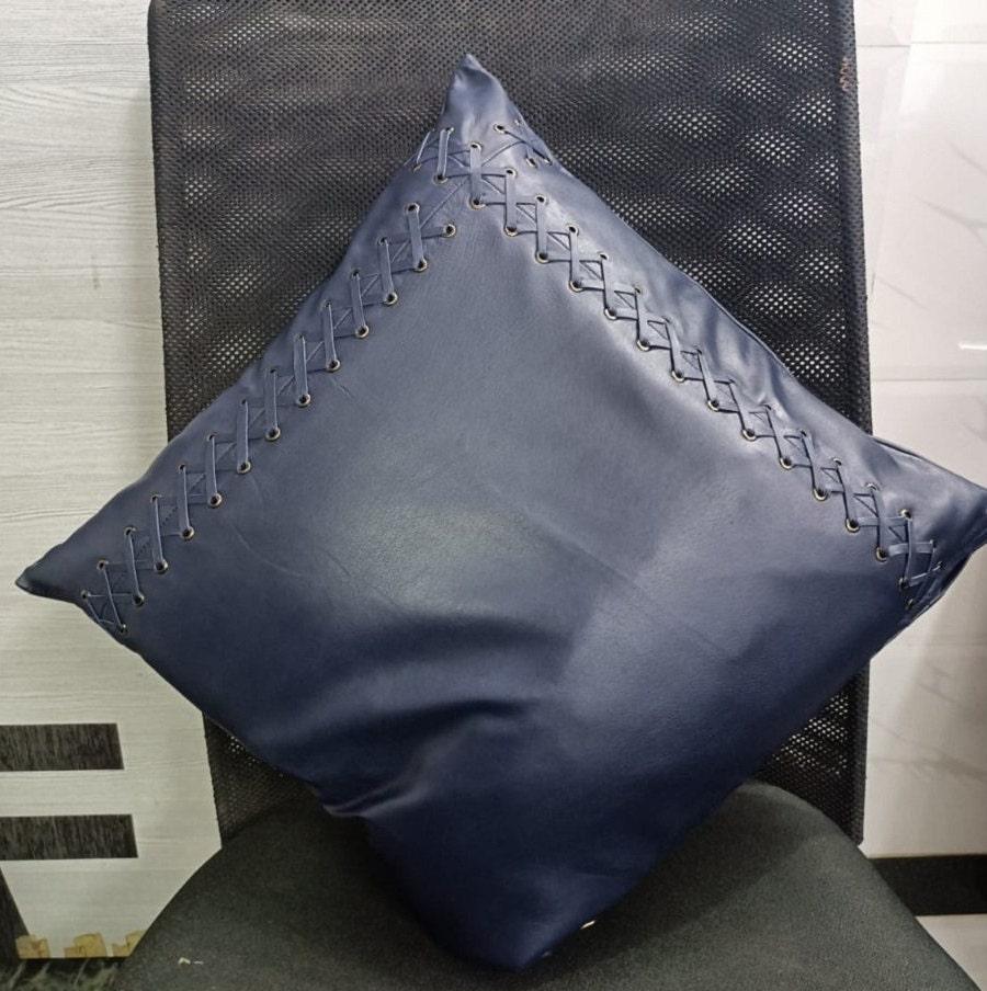 Lambskin Leather Pillow Cover -Navy Blue | Square Cushion Cover | BRAIDED Leather Throw Case Cover For Sofa Décor CRISS Crossed Laced - BLUE