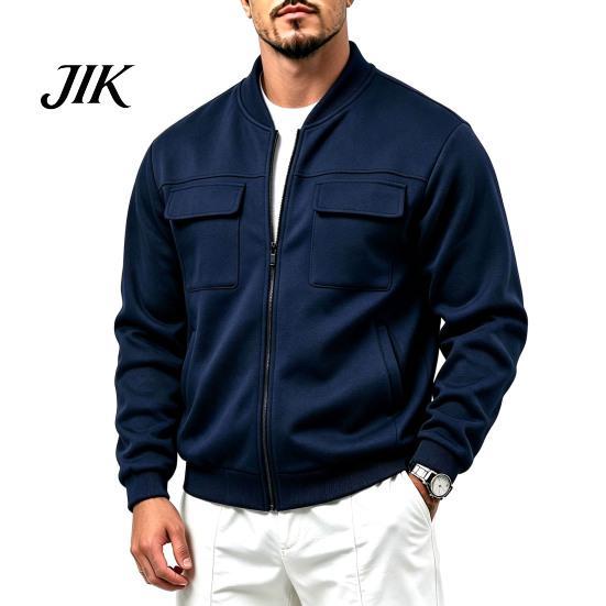 Everyday Basic Sportswear Men Casual Baseball Coat, Lightweight Multi-Pocket Windbreaker, Solid Color Outerwear Outdoor Windbreaker with Stand Collar,