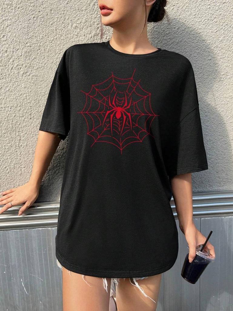 Simple Red Spider Printing Womens Cotton TShirts Casual Oneck Loose Tee Tops Street Fashion Short Sleeve Breathable Clothes