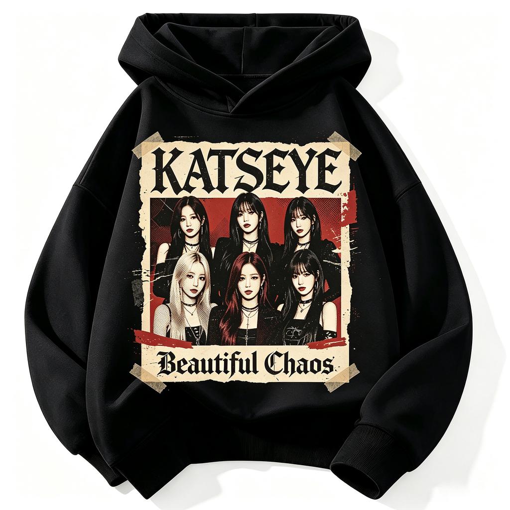 KATSEYE Beautiful Chaos Vintage Poster Kids Hoodie, Retro Group Photo Graphic Pullover Sweatshirt Unisex Boys Girls Kpop Fan Streetwear Tops