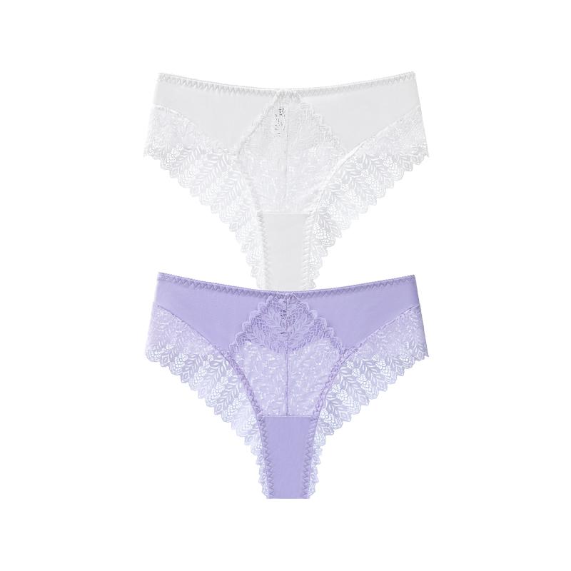 TERMEZY 2Pcs/Lot Sexy Mid Rise Patchwork Briefs Hollow-out Lace Pattern Panties Solid Color Breathable Skin-fit Briefs