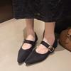 Mode 2025 Niedrig Absatz 2cm Damen Pumps Ein Wort Schnallenriemen Design Einfarbig Weiblich Flacher Ausschnitt Spitzschuh Bequeme Schuhe mit niedrigem Absatz