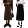 Women A-Line Skirt Elastic High Waist Solid Color Retro Slit Skirt Solid Autumn Winter Slimming Skirt