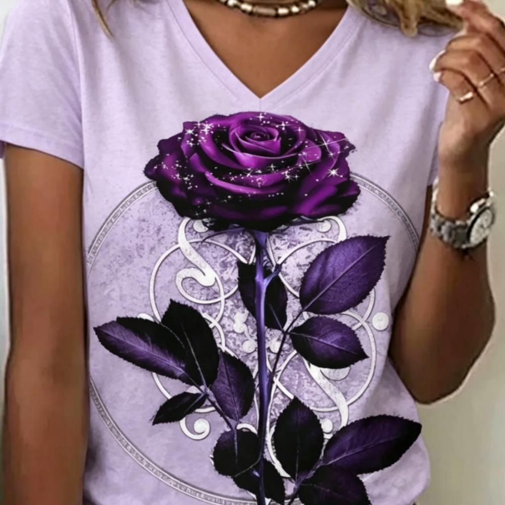 Sommer Damen 3D-Druck V-Ausschnitt T-Shirt Mode Vielseitig Atmungsaktiv Trend Lässig
