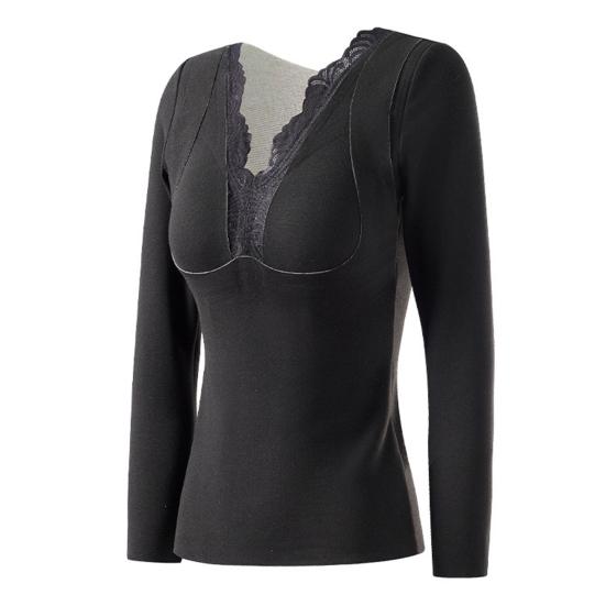Thermal Bottoming Tops with Built-in Chest Pads DE Velvet Double Layer Warmth Long Sleeve Pullover Tops Solid Color Winter Inner Outer Wear