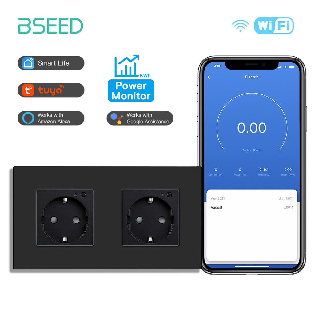 BSEED EU Smart Wifi Control Power Monitor Sockets 16A 110V-250V Power Wall Sockets Plastic Flame Support For Tuya Google Alexa
