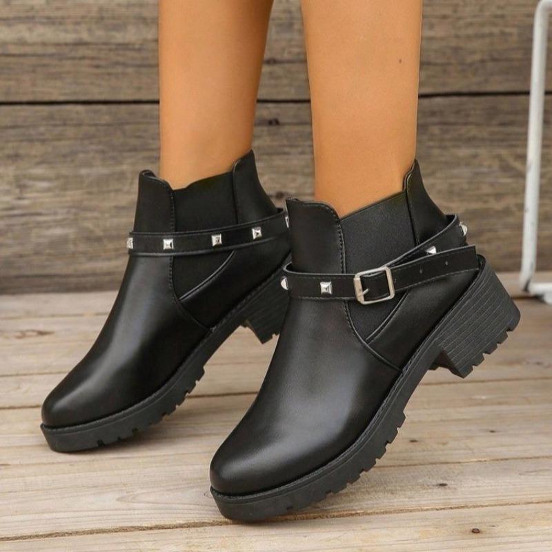 Ladies Shoes Brand Slip-on Women's Boots Fashion Belt Buckle Round Toe Office and Career New Rivet Best Seller Ankle Boots